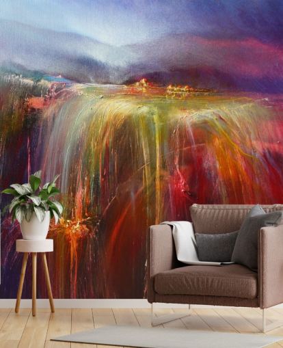 abstract painting of overflowing colour in reds, oranges, pinks, purples wallpaper