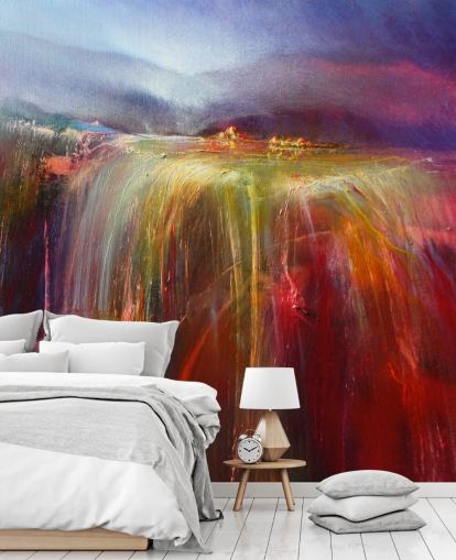 abstract painting of overflowing colour in reds, oranges, pinks, purples wallpaper