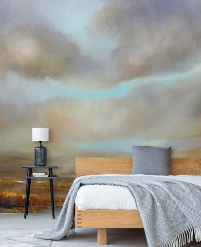 bewolkte hemel boven herfst heide behang