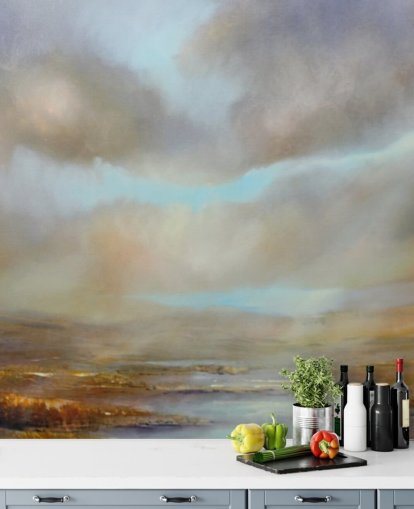 bewolkte hemel boven herfst heide behang bewolkte hemel boven herfst heide behang