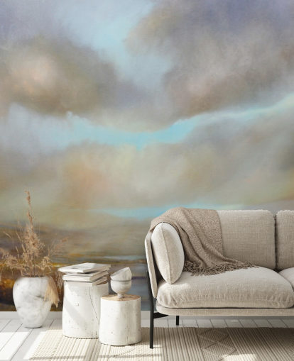 bewolkte hemel boven herfst heide behang