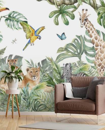 animals in jungle painting wallpaper