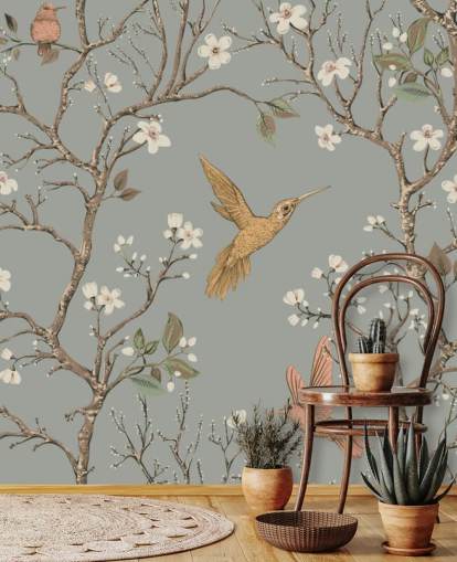 hummingbirds around cherry blossom wallpaper