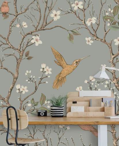 hummingbirds around cherry blossom wallpaper