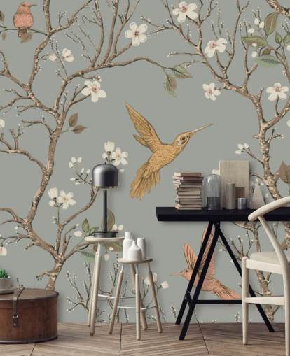 hummingbirds around cherry blossom wallpaper