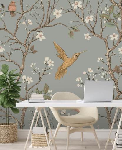 hummingbirds around cherry blossom wallpaper