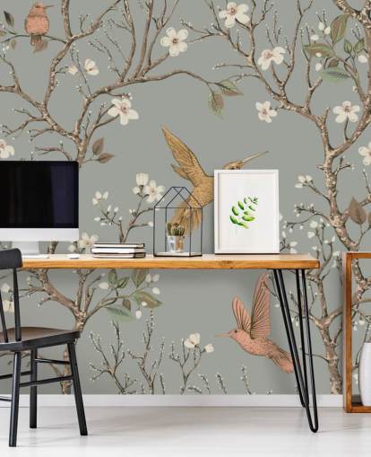 hummingbirds around cherry blossom wallpaper