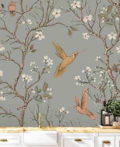 Kolibris um Kirschblüte Tapete