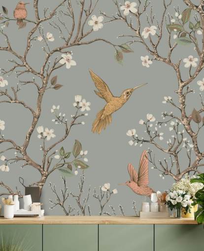 colibrì intorno alla carta da parati dei fiori