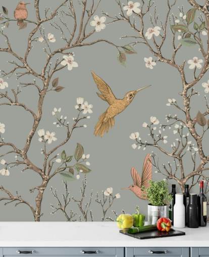 colibrì intorno alla carta da parati dei fiori