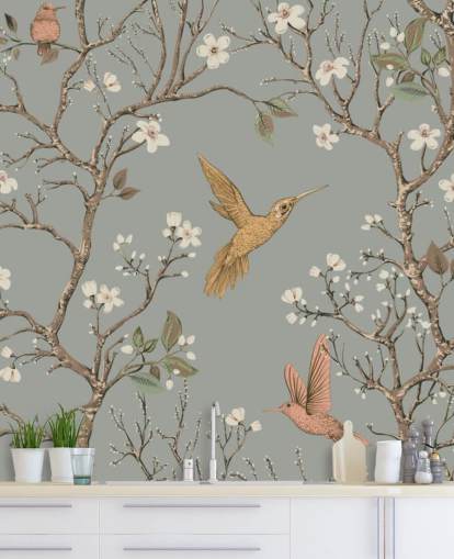 hummingbirds around cherry blossom wallpaper