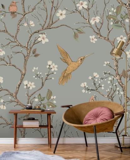 colibrì intorno alla carta da parati dei fiori