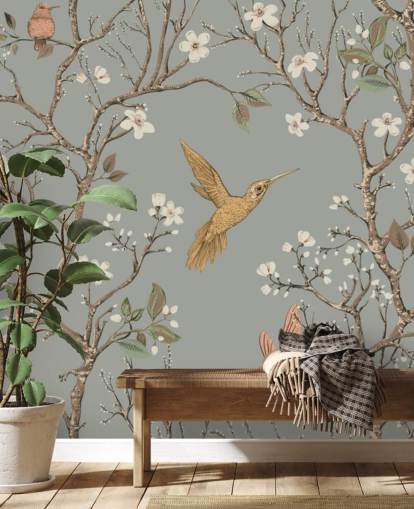 colibrì intorno alla carta da parati dei fiori