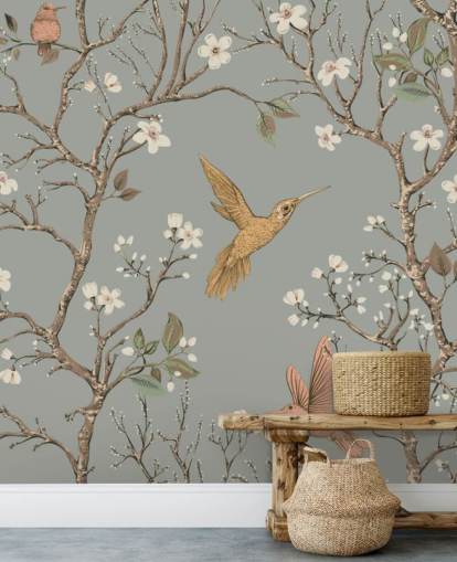 hummingbirds around cherry blossom wallpaper
