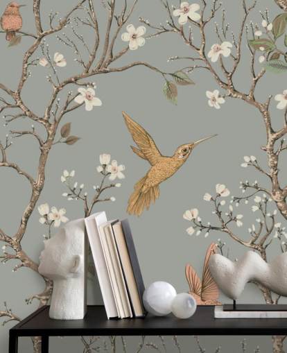 hummingbirds around cherry blossom wallpaper