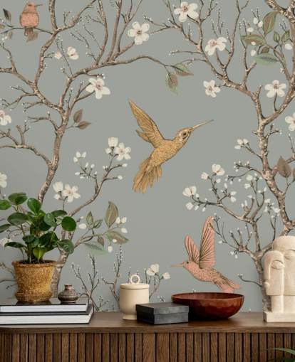 hummingbirds around cherry blossom wallpaper