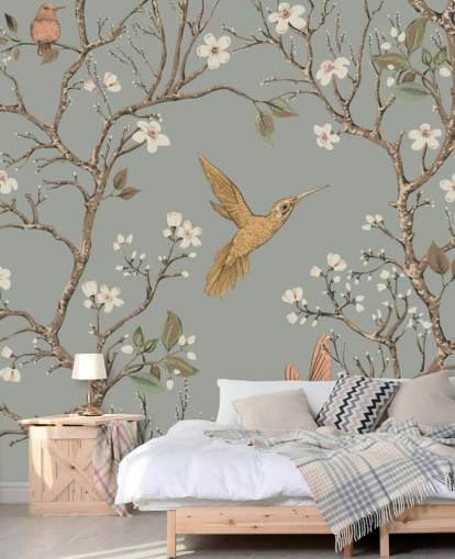 hummingbirds around cherry blossom wallpaper