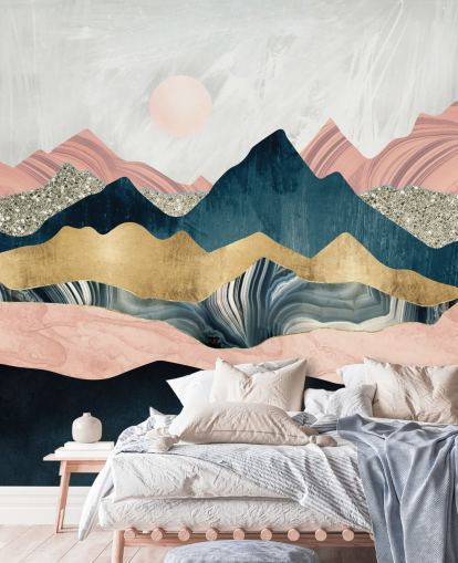 pink and blue marble effect mountains with touches of gold wallpaper