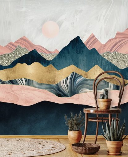 montagne effetto marmo rosa e blu con tocchi di carta da parati oro