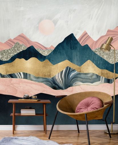 montañas efecto mármol rosa y azul con toques de papel pintado dorado