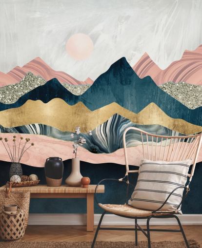 pink og blå marmor effekt bjerge med strejf af guld tapet