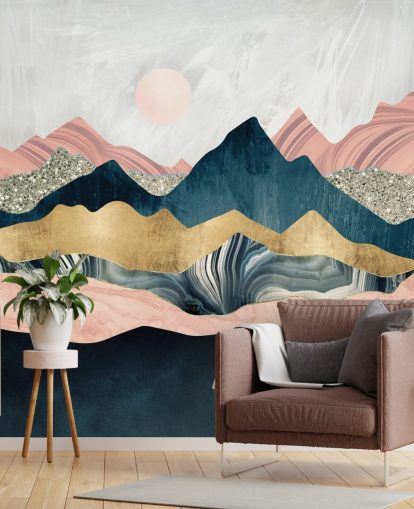 pink and blue marble effect mountains with touches of gold wallpaper