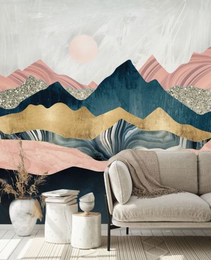 Papier peint effet marbre rose et bleu avec des touches dorées