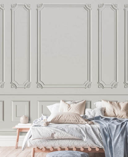 carta da parati murale classica vintage con pannelli bianchi sporchi chiamata Classic Panels per corridoi e camere da letto