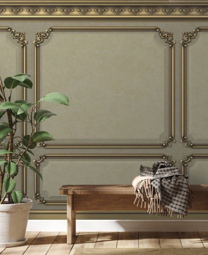 beige och guldfärg panel tapeter