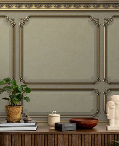 beige och guldfärg panel tapeter