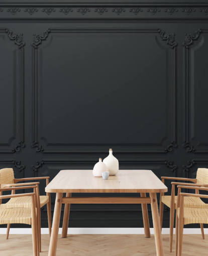 off black panel wallpaper with antique detail