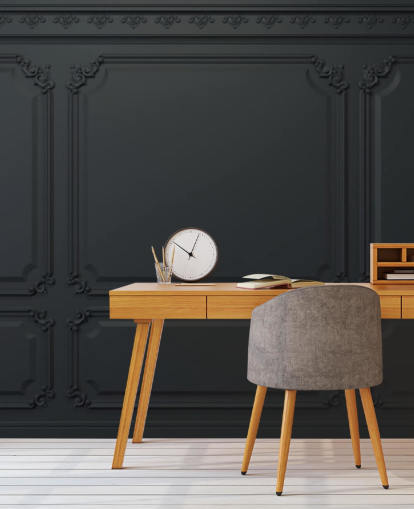off black panel wallpaper with antique detail