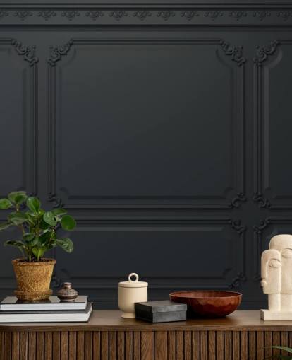 off black panel wallpaper with antique detail