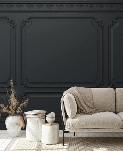 off black panel wallpaper with antique detail