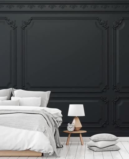 off black panel wallpaper with antique detail
