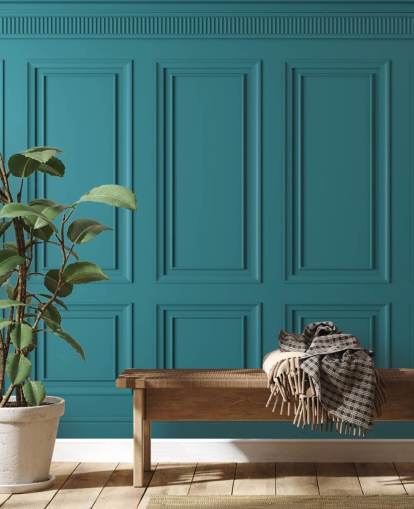 groenblauw behang met rechthoek en vierkant paneel