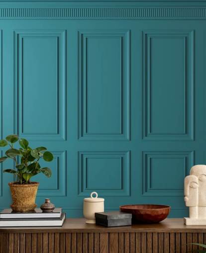 groenblauw behang met rechthoek en vierkant paneel