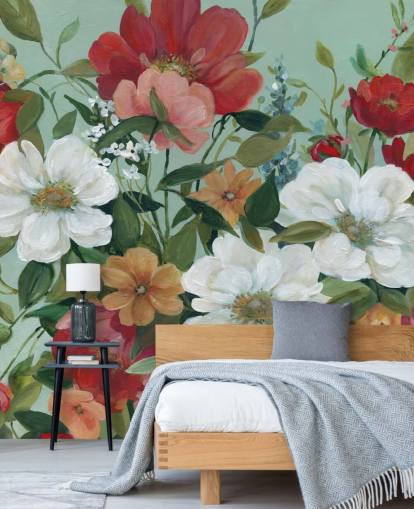 painted red, orange, pink and red flowers wallpaper