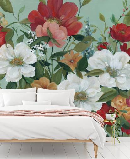 painted red, orange, pink and red flowers wallpaper