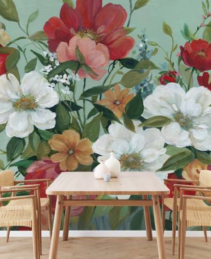 papier peint fleurs rouges, oranges, roses et rouges