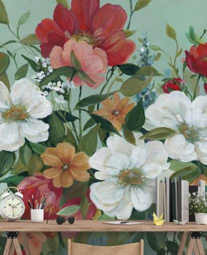 painted red, orange, pink and red flowers wallpaper