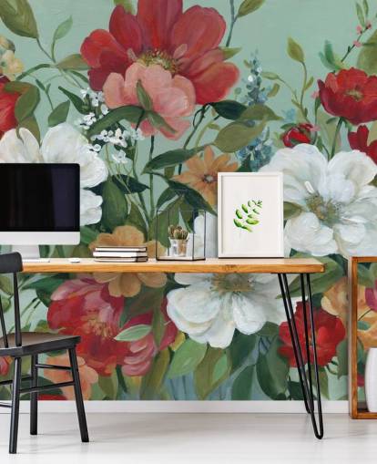 painted red, orange, pink and red flowers wallpaper
