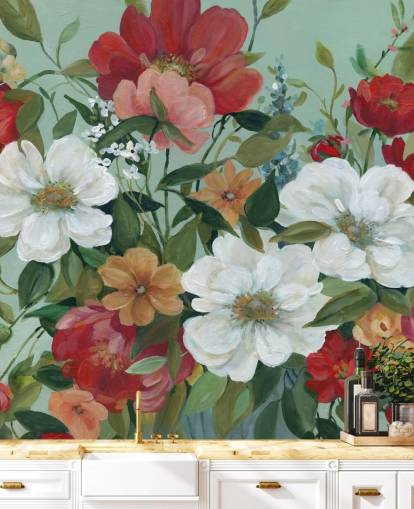 painted red, orange, pink and red flowers wallpaper