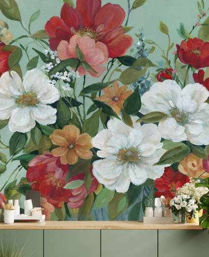 bemalte rote, orange, rosa und rote Blumen Tapete