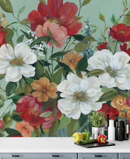 geschilderd rood, oranje, roze en rood bloemenbehang