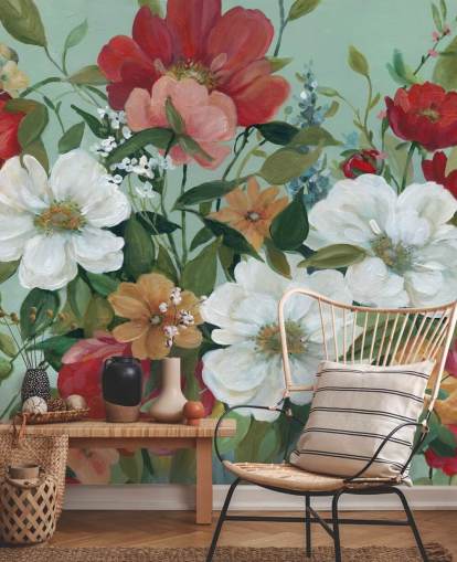 painted red, orange, pink and red flowers wallpaper