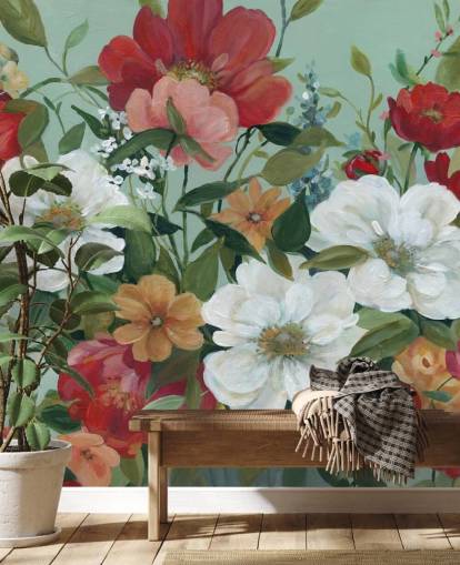 papel pintado de flores rojas, naranjas, rosas y rojas