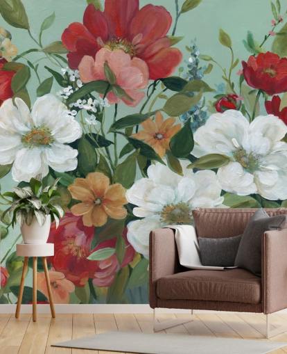 geschilderd rood, oranje, roze en rood bloemenbehang