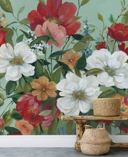 bemalte rote, orange, rosa und rote Blumen Tapete