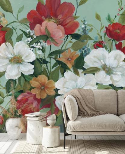 painted red, orange, pink and red flowers wallpaper